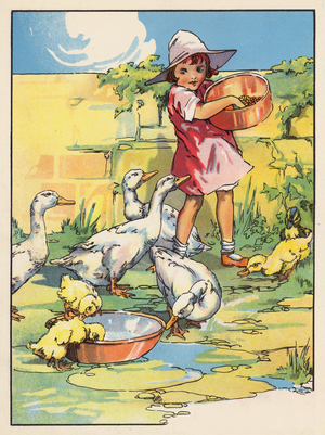 Girl feeding; ducks and geese (colour litho)