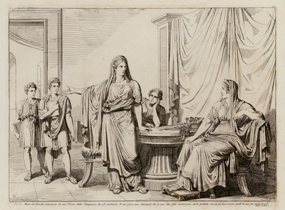 Cornelia, mother of the Gracchi, showing her sons as her jewels (etching)
