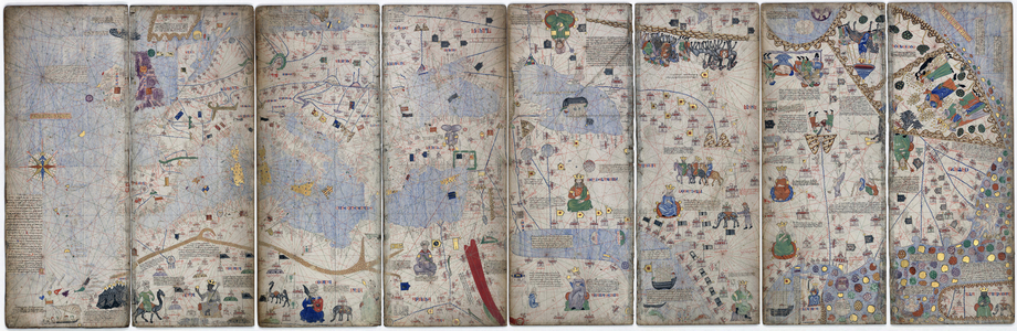 Four vellum leaves of the Catalan Atlas, 1375 (pen and coloured inks on parchment)