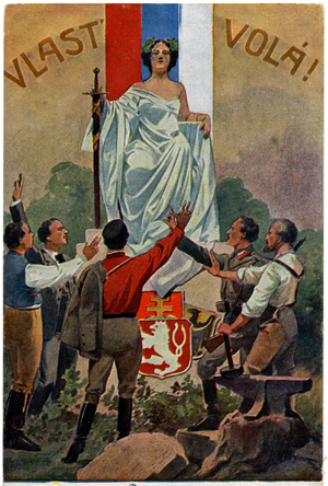 History. Czech Republic. "Your Country calls you. " Symbolic woman figure standing in front of the czech flag, holding a sword with five army men praising her. Postcard, Czech Republic, c.1915.