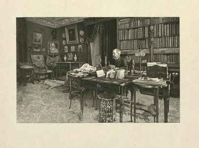 Gaston Tissandier, French balloonist, seated at a desk in his study, 1880-1900 (wood engraving)