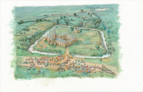 A reconstruction painting showing an oblique view of Latton Priory as it may have appeared in the late 12th century, 1918 (painting)