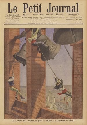 Ringing of the bells ot the Giralda, bell tower of Seville Cathedral, on Easter Sunday (colour litho)