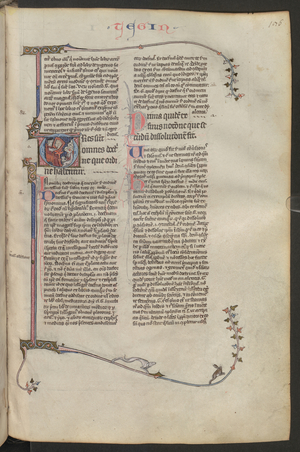 Full page: text and historiated initial 'T': sitting on the left is the commentator Ali ibn Ridwan before an auditorium
