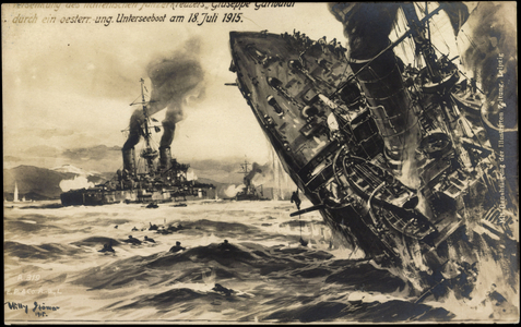 Artist Stöwer, Ital. Cruiser Garibaldi, U Boat, 1915