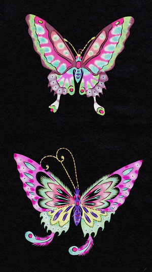 Chinese paper-cut of a two butterflies, c.1960 (hand-coloured and hand-cut)
