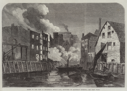 Scene of the Fire at Dockhead, Bermondsey, sketched on Saturday Morning (engraving)