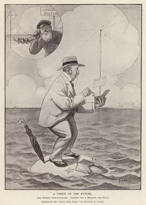 A vision of the future: a man straded by the tide sending a message for help from a portable Marconigraph (litho)