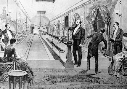Bowling alley at Sandringham: the Princeof Wales (later Edward VII) is writing on the scoreboard. Print published London 1888