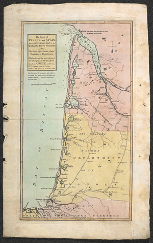 A 19th century map of the coast of France and Spain from San Sebastian to the mouth of the River Gironde, also, the great post roads from Bayonne to Bordeaux.
