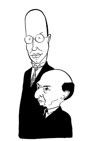 Sergei Sergeyevich Prokofiev - caricature of the Russian composer (on the left) with Arnold Franz Walter Schoenberg (Austrian - American composer)