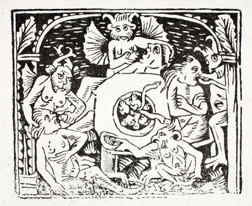 Sixth: Lazarus describes what he's seen in hell - a valley with a pungent river, overflowing with bubbles, where gluttons feed on toads and other poisonous creatures (litho)