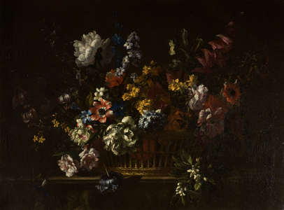Flowers in a basket on a sculpted stone ledge (oil on canvas)