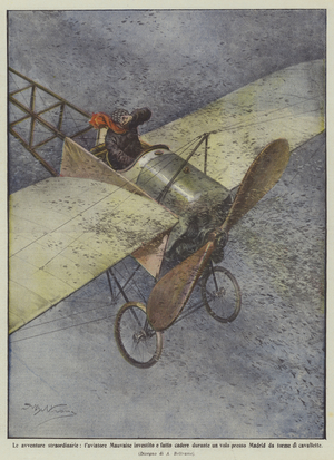 The extraordinary adventures, the aviator Mauvaise invested and dropped during a flight at  (colour litho)