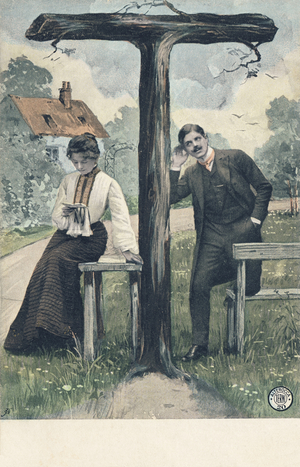 Capital faux wood T - A couple in front of a country setting. The woman sitting on a bench is reading a book, the man standing next to her listens.,1905 (photomontage)