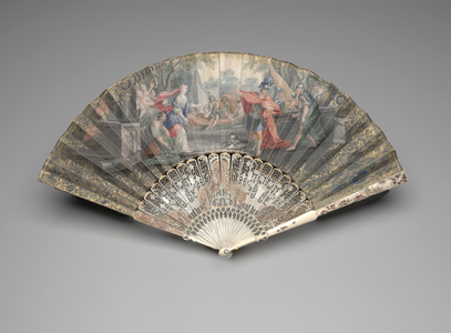 Folding fan with Jephthah meeting his daughter, c.1740s-50s (gouache & w/c on single vellum leaf, ivory, gilding, gouache, paper foil & paste gems)