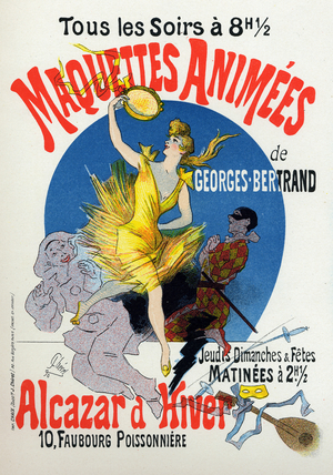 Art. Entertainment. The animated scale models, show at the Alcazar d'Hiver, Paris. Poster by Jules Cheret, France, 1890 (poster)