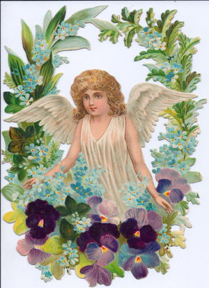 A Victorian Paper Scrap Relief of an angel in a circle of flowers, c.1880 (colour litho)