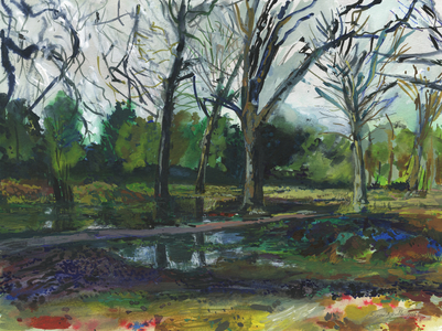 Flooding, Richmond Park (watercolour, gouache, watercolour pencil and ink on paper)