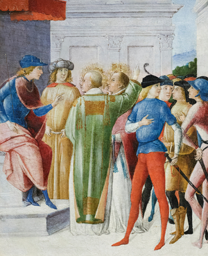 Two saints profess their Christian faith in judgment, c.1485-90 (tempera on panel)