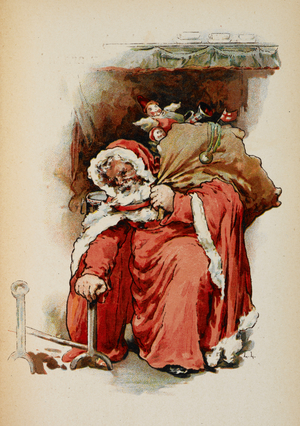 Father Christmas emerging from a fireplace with a sack of presents.
