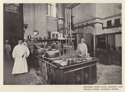Kitchen with coal ranges and steam ovens, London Hotel (b/w photo)