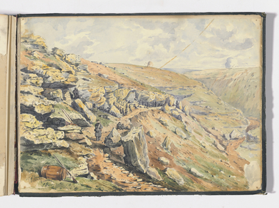 Caves used as powder magazines. The road to the ravine to the right is the Woronzoff Road which leads into Sevastopol, 1854-56 (w/c on paper)