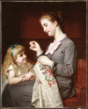The Embroidery Lesson (oil on canvas)