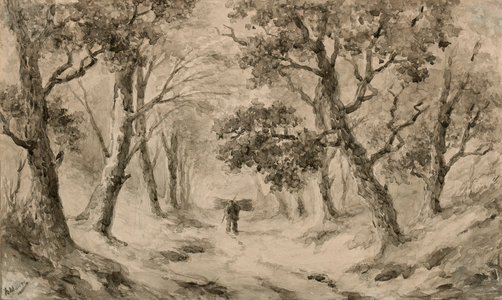 A Wood Gatherer in the Forest (brown ink & wash on buff paper)