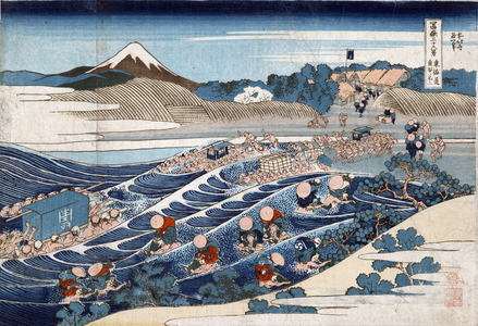 Colour woodcut print of Fuji at Kanaya on the Tokaido by Hokusai Katsushika