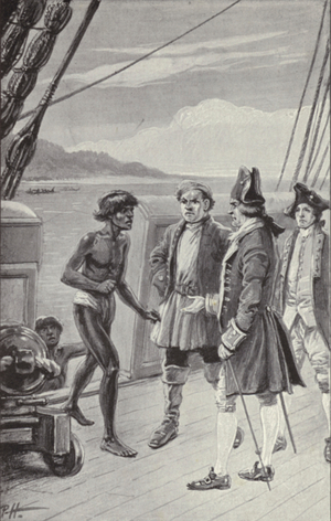 "I never before met with natives of any place so much astonished as these people were upon entering a ship" (litho)