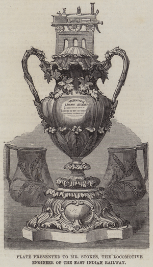 Plate presented to Mr Stokes, the Locomotive Engineer of the East Indian Railway (engraving)