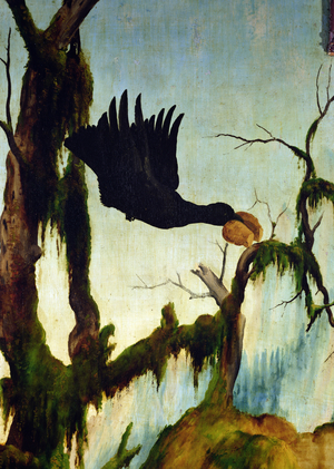 The visit of Saint Anthony to Saint Paul of the hermit from the Isenheim altarpiece. Detail of a crow carrying a piece of bread, c.1512-16 (oil on panel)