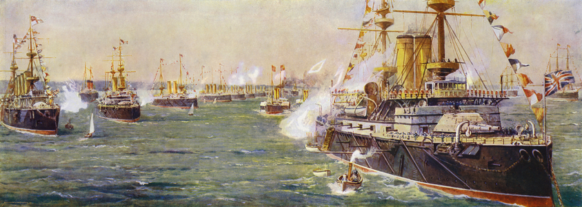 Naval review at Spithead for the Diamond Jubilee of Queen Victoria, 1897 (colour litho)