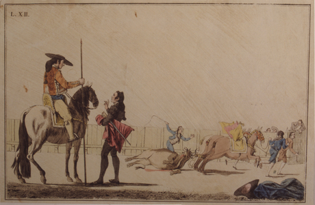 Picador riding and dragging the bull, 18th century (colored engraving)