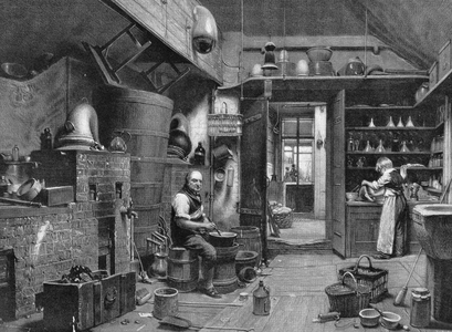 the laboratory of J. Bell & Co., back of the pharmacy on Oxford Street, 1863, engraving