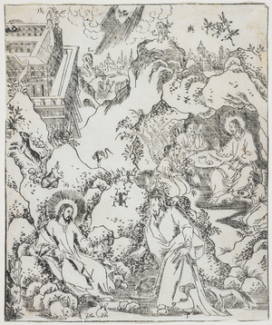 Christ in the Wilderness, plate from Giulio Aleni's "Tianzhu jiangsheng zhuxiang jingjie" (An Illustrated History of the Lord of Heaven Who Became Incarnate in the Flesh), Jinjiang Church, Fujian Province, China, 1637 (woodblock print)