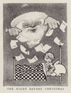 Man inundated with bills on the night before Christmas (litho)