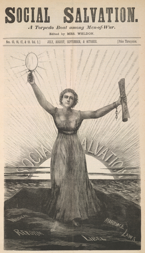 Figure of a woman holding up a mirror and a document with the title 'lunacy laws'.