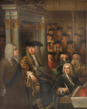 Speaker Arthur Onslow calling upon Sir Robert Walpole to speak in the House of Commons (oil on canvas)