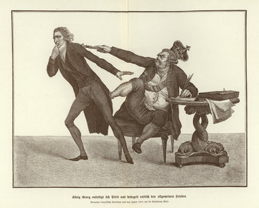 King George gets rid of Pitt and finally seals the general peace (litho)