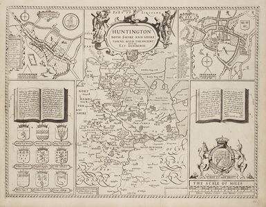 A scale map of Huntingdonshire, and two towns. Coat of arms and lists of names.