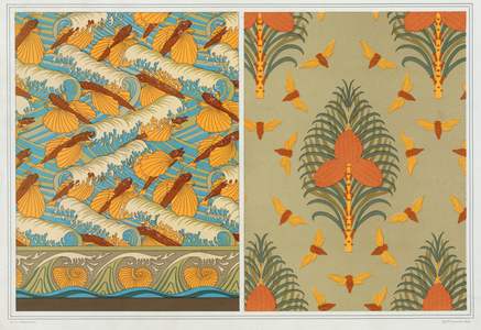 Designs for wallpaper "Flying Fish and Waves" and "Cicadas and Pine", and  Border of Nautilus Shells,   from 'L'Animal dans la Decoration' by Maurice Pillard Verneuil,  pub. 1897 (colour lithograph)