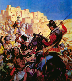 The Pueblo Indians of North Arizona attacked by Spanish Conquistadors (colour litho)