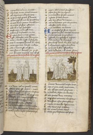 Egerton 1069, f.28 Peur speaking to Honte (left) and Peur and Honte waking up Dangier (right) from 'Guillaume de Lorris and Jean de Meun, Roman de la Rose' (ink & colour on vellum)
 