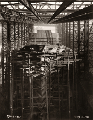 Painting of Northbank's hull underway at the shipyard of William Doxford & Sons, Sunderland, 24th January 1957 (b/w photo)