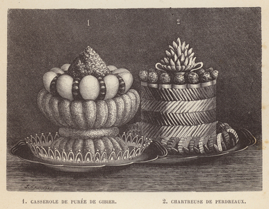 Casserole de Puree de Gibier; Chartreuse de Perdreaux (litho)