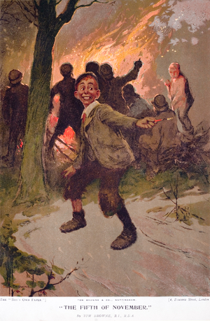 The Fifth of November, excited boy on Bonfire Night (colour litho)