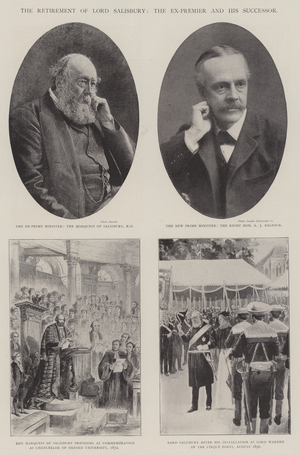 The Retirement of Lord Salisbury, the Ex-Premier and his Successor (litho)