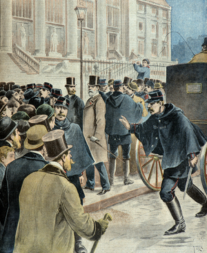 Emile Zola arriving at the courthouse for his trial, 1898 (Engraving)